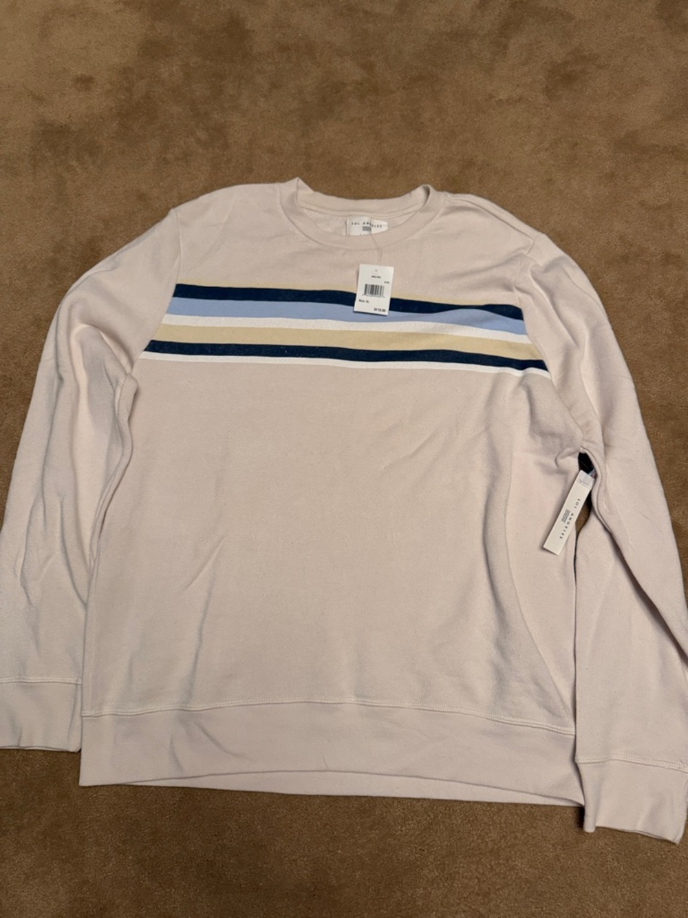 Sol Angeles Pale Pink Crewneck Sweater with Navy, Blue and Cream Stripes